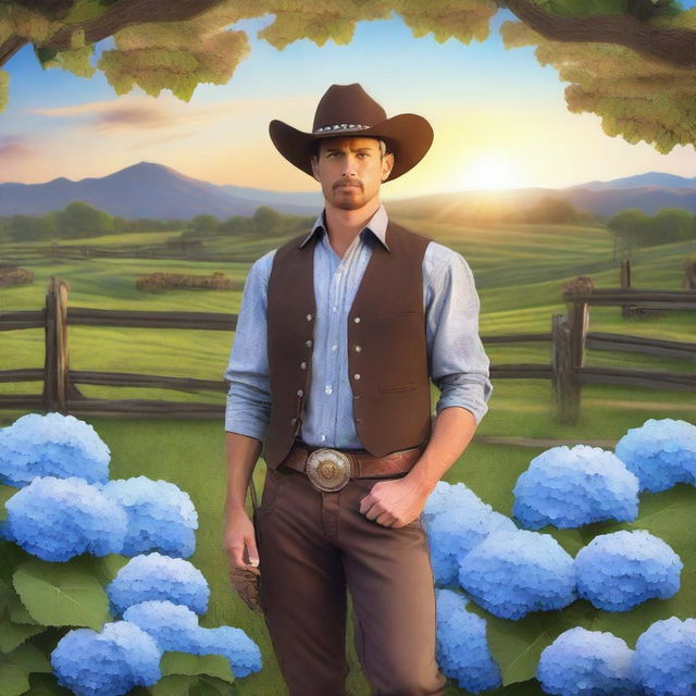 A cowboy with a face made entirely of hydrangea flowers, standing in a picturesque western landscape