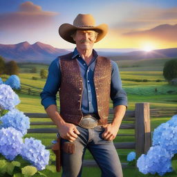 A cowboy with a face made entirely of hydrangea flowers, standing in a picturesque western landscape