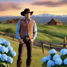 A cowboy with a face made entirely of hydrangea flowers, standing in a picturesque western landscape