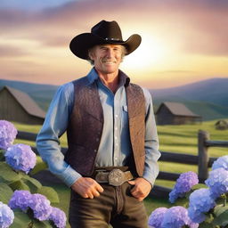 A cowboy with a face made entirely of hydrangea flowers, standing in a picturesque western landscape