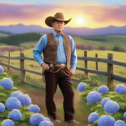 A lone cowherd with a face made entirely of hydrangea flowers, standing in an expansive western landscape