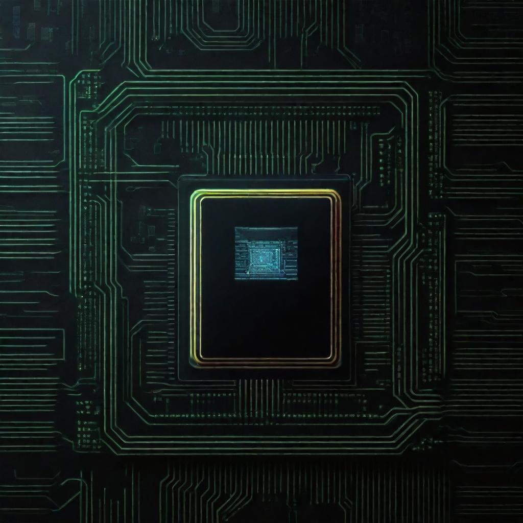 A crisp 2D texture map that combines techno elements with a detailed close-up of a nanoprocessor chip, augmented with neon, glowing graphical design features.