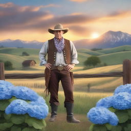 A lone cowherd with a face made entirely of hydrangea flowers, standing in an expansive western landscape