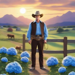 A lone cowherd with a face made entirely of hydrangea flowers, standing in an expansive western landscape