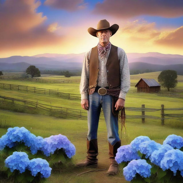 A lone cowherd with a face made entirely of hydrangea flowers, standing in an expansive western landscape