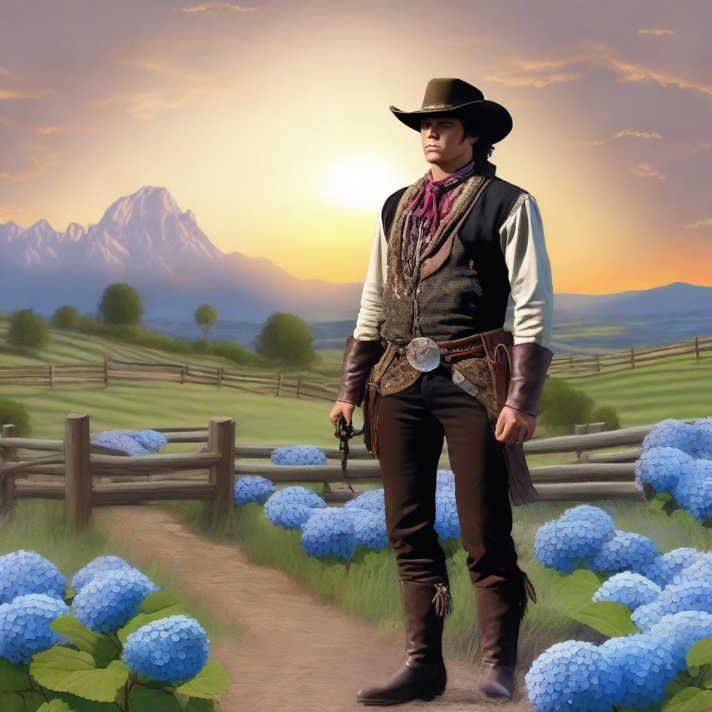 A lone ranger with a face made entirely of hydrangea flowers, standing in a vast and picturesque western landscape