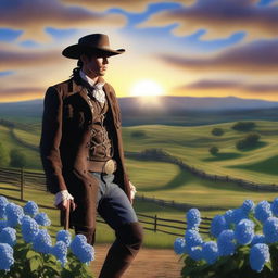 A lone ranger with a face made entirely of hydrangea flowers, standing in a vast and picturesque western landscape