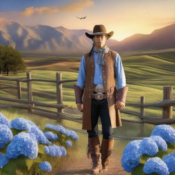 A lone ranger with a face made entirely of hydrangea flowers, standing in a vast and picturesque western landscape