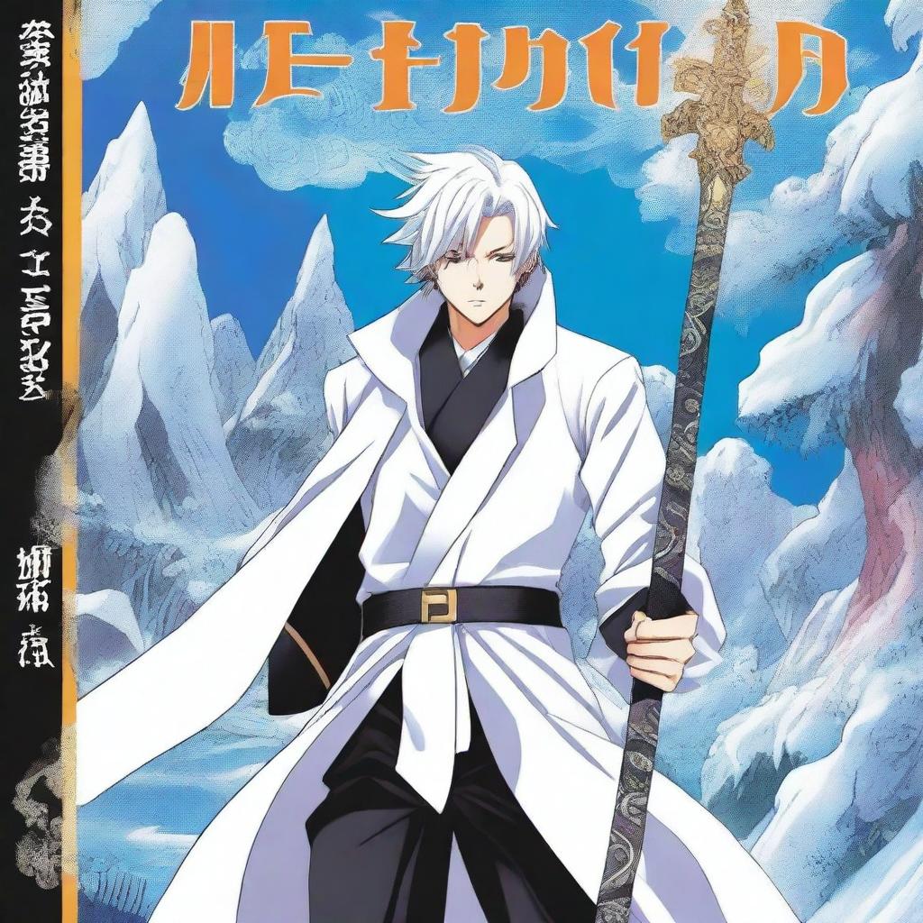 A vibrant and colorful manga cover featuring a human character with white hair, wearing a white coat with gold stripes and black pants