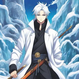 A vibrant and colorful manga cover featuring a human character with white hair, wearing a white coat with gold stripes and black pants