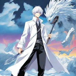 A vibrant and colorful manga cover featuring a human character with white hair, wearing a white coat with gold stripes and black pants