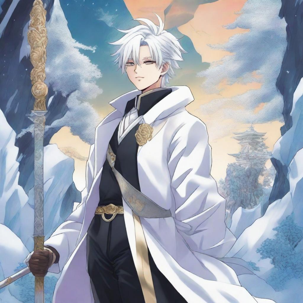 A vibrant and colorful manga cover featuring a human character with white hair, wearing a white coat with gold stripes and black pants