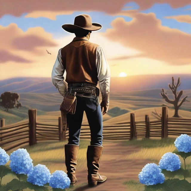 A lone ranger standing in a vast and picturesque western landscape, holding a hydrangea flower