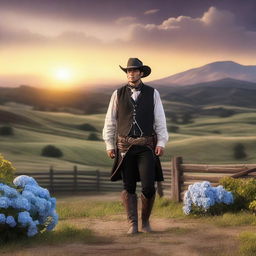 A lone ranger standing in a vast and picturesque western landscape, holding a hydrangea flower