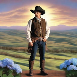 A lone ranger standing in a vast and picturesque western landscape, holding a hydrangea flower