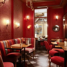 An exquisite, elite café with decadent interior using rich colors, retro furniture, and upscale decor elements.