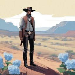 A detailed illustration of a lone ranger standing in a vast, open landscape, holding a vibrant hydrangea flower