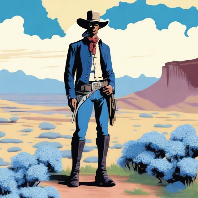 A detailed illustration of a lone ranger standing in a vast, open landscape, holding a vibrant hydrangea flower