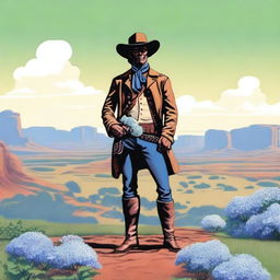 A detailed illustration of a lone ranger standing in a vast, open landscape, holding a vibrant hydrangea flower