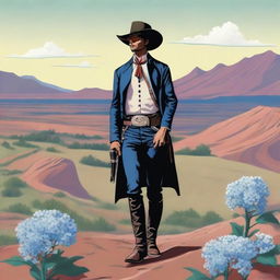 A detailed illustration of a lone ranger standing in a vast, open landscape, holding a vibrant hydrangea flower