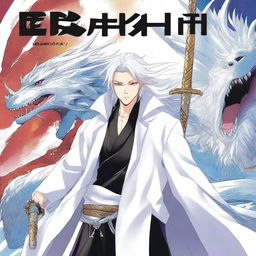 A colorful and bright manga cover featuring a human character with white hair and wearing a white coat with gold stripes and black pants