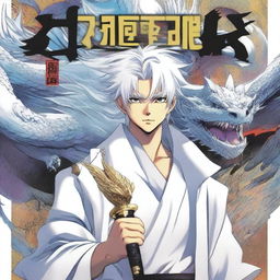 A colorful and bright manga cover featuring a human character with white hair and wearing a white coat with gold stripes and black pants