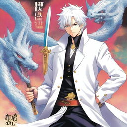 A colorful and bright manga cover featuring a human character with white hair and wearing a white coat with gold stripes and black pants