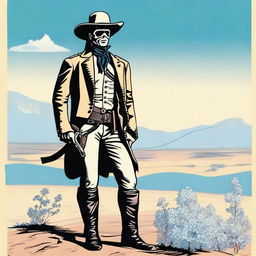 A detailed illustration of the Lone Ranger, a heroic figure from the Old West, standing alone and holding a delicate hydrangea flower