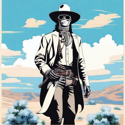 A detailed illustration of the Lone Ranger, a heroic figure from the Old West, standing alone and holding a delicate hydrangea flower