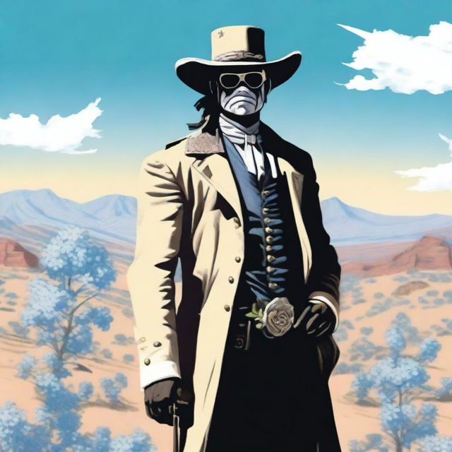 A detailed illustration of the Lone Ranger, a heroic figure from the Old West, standing alone and holding a delicate hydrangea flower