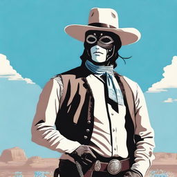 A detailed illustration of the Lone Ranger, a heroic figure from the Old West, standing alone and holding a delicate hydrangea flower