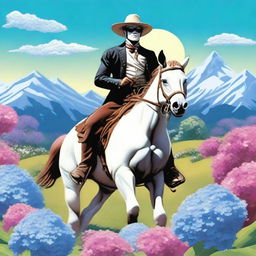 A vivid illustration of the Lone Ranger riding a horse through a field of blooming hydrangeas