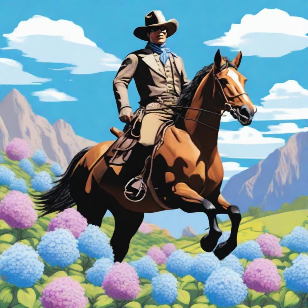 A vivid illustration of the Lone Ranger riding a horse through a field of blooming hydrangeas