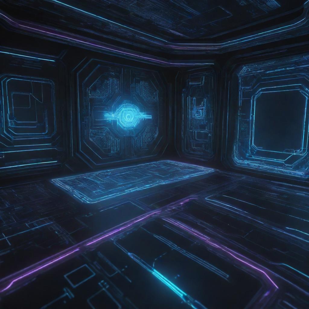 A 2D texture map featuring techno influences, intricately designed nano paths, all glowing brightly against a futuristic sci-fi screen backdrop.