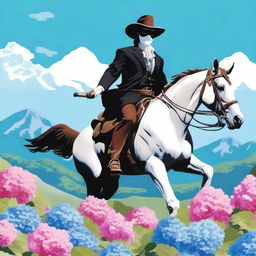 A vivid illustration of the Lone Ranger riding a horse through a field of blooming hydrangeas