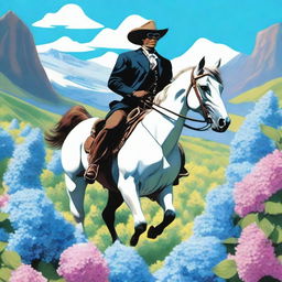 A vivid illustration of the Lone Ranger riding a horse through a field of blooming hydrangeas