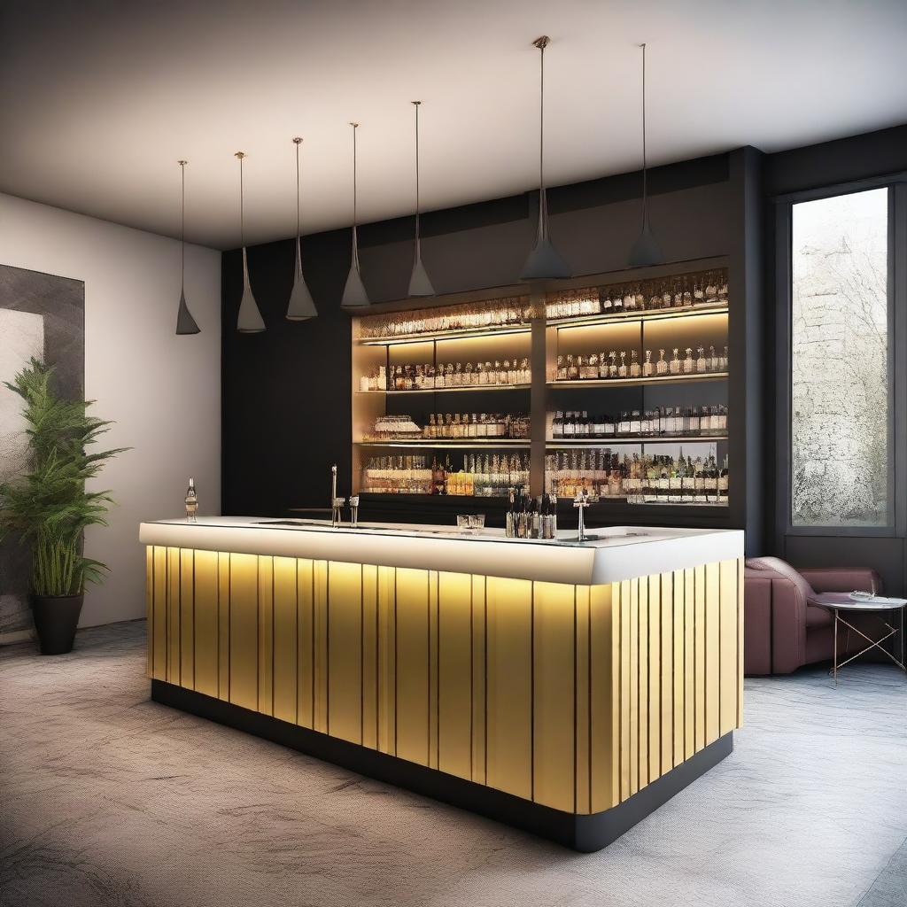 Create an elegant and modern design for a cocktail bar inspired by Swiss architecture