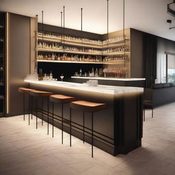 Create an elegant and modern design for a cocktail bar inspired by Swiss architecture