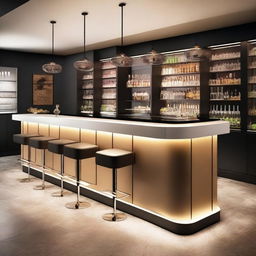 Create an elegant and modern design for a cocktail bar inspired by Swiss architecture