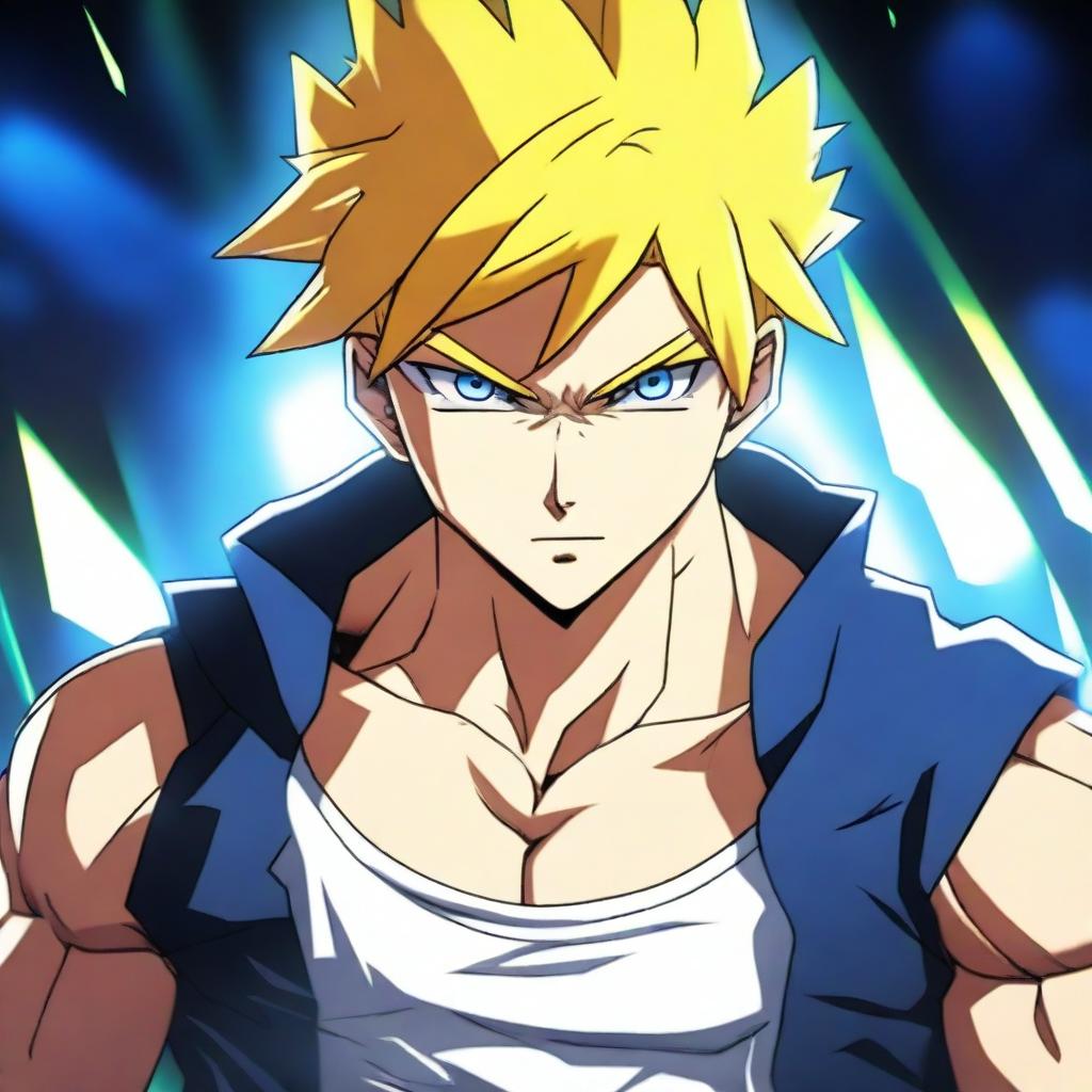 A badass anime man with short yellow hair and piercing blue eyes, standing confidently with a determined expression