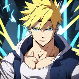 A badass anime man with short yellow hair and piercing blue eyes, standing confidently with a determined expression