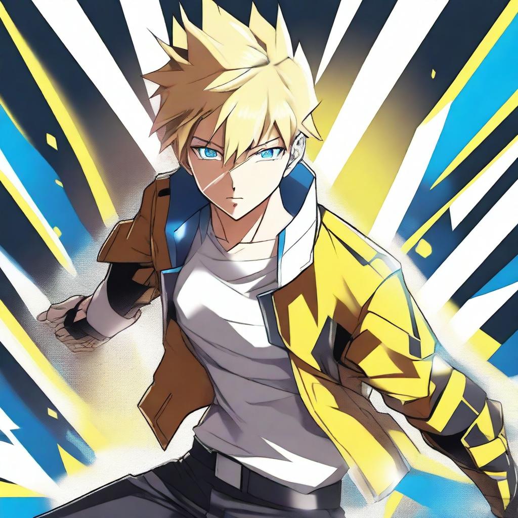 A badass anime man with yellow and white short hair and piercing blue eyes