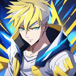 A badass anime man with yellow and white short hair and piercing blue eyes