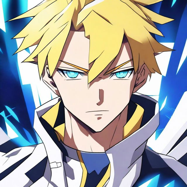 A badass anime man with yellow and white short hair and piercing blue eyes