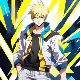 A badass anime man with yellow and white short hair and piercing blue eyes