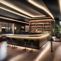 A modern and elegant design for a cocktail bar with a stage, main seating area, and terrace