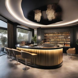 A modern and elegant design for a cocktail bar with a stage, main seating area, and terrace