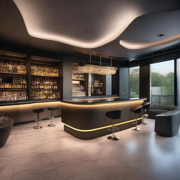 A modern and elegant design for a cocktail bar with a stage, main seating area, and terrace