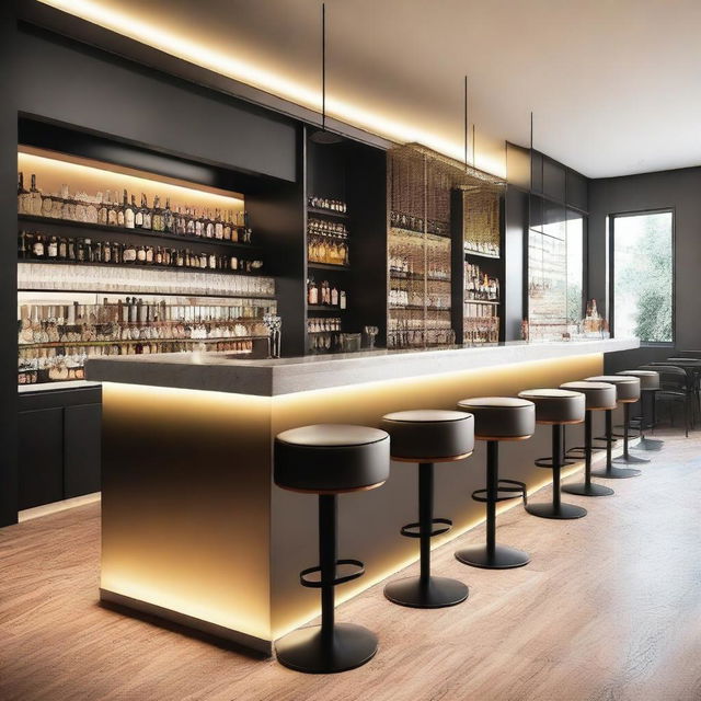 Create an elegant and modern design for a cocktail bar inspired by Swiss architecture