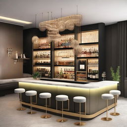 Create an elegant and modern design for a cocktail bar inspired by Swiss architecture